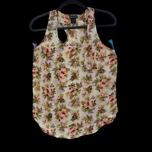 Vtg Wet Seal Sheer Razor Back Tank Yop Pink & Purple Floral Print sz S